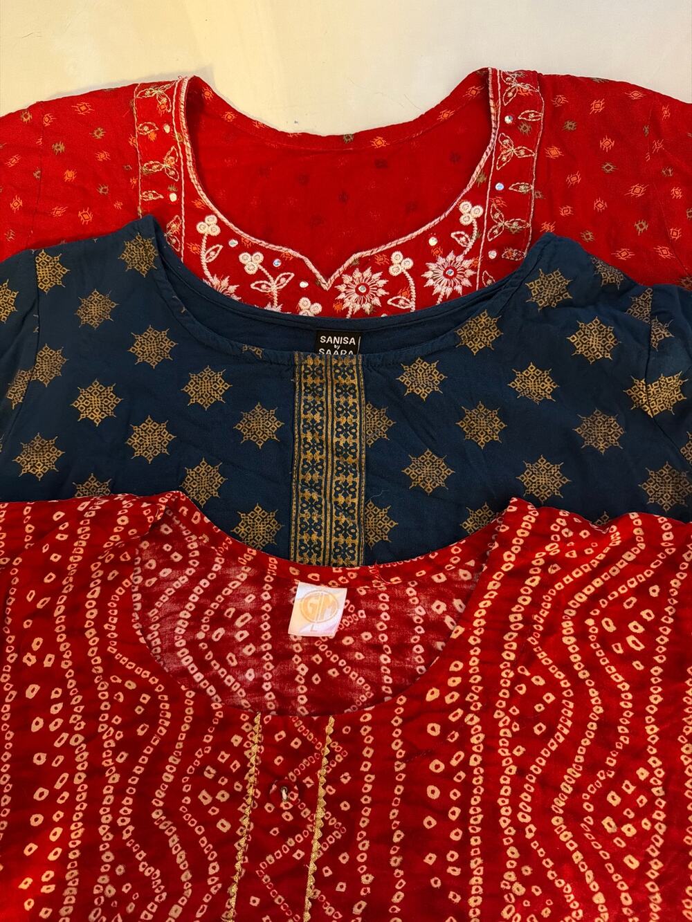 Woman Floral Embroidered Kurti Tunic Dress Red Blue Lot 3 Size L 3/4 Sleeve